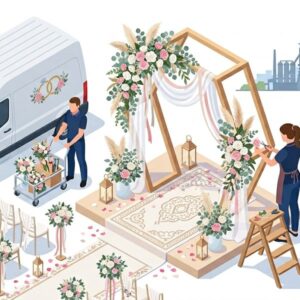 Изометрическая иллюстрация оформления свадебной арки с цветами на белом фоне для доставки букетов